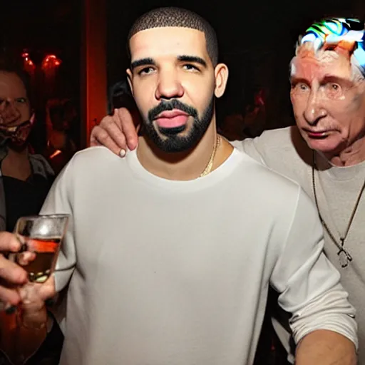 Image similar to drake drinks vodka with vladimir putin