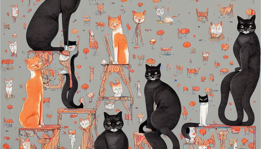 Image similar to artwork of really tall sitting cats by james jean, thick brush, 4 k resolution