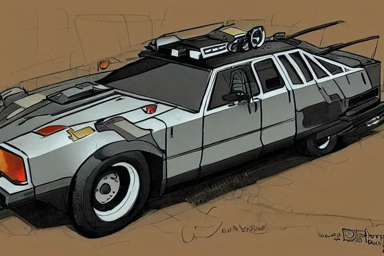 Image similar to Concept art of a 1980s wedge car. Dieselpunk.