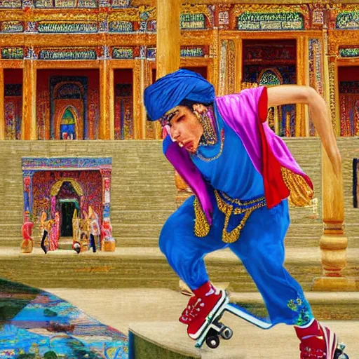 Prompt: orientalist painting of 6ix9ine skating outside of a majestic temple, 8k, very intricate, very detailed,