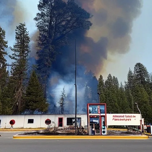 Image similar to a beautiful photo of a Gas station engulfed in a forest fire