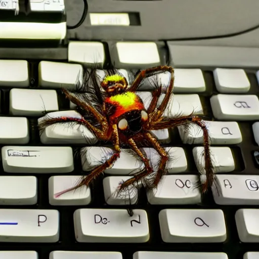 Prompt: a jumping spider using tiny computer keyboard tiny, scrolling computer mouse, music show, party lights, n minus infinity, s to infinity, macro lens, iridescent, photomontage