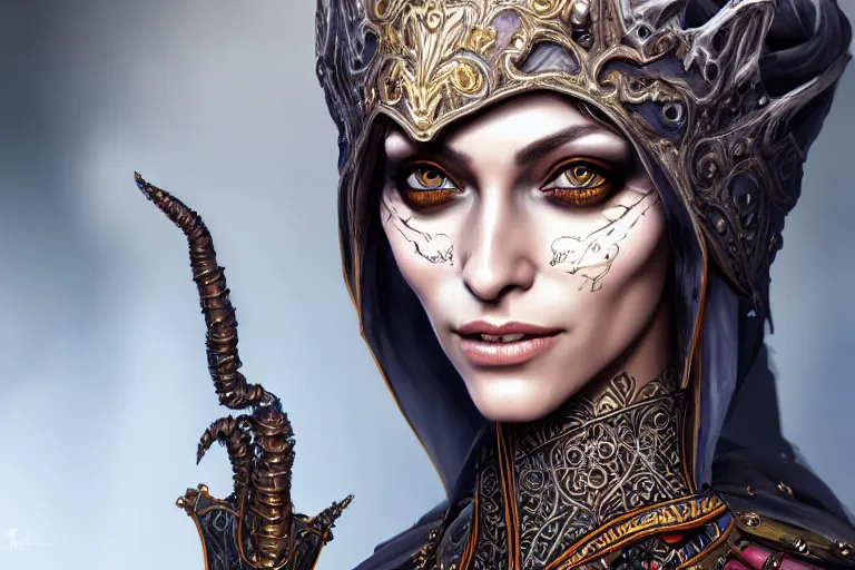 Image similar to a full portrait of a beautiful woman wearing, wearing extremely detailed attire, slim complexity, extremely detailed eyes, medievil, dnd, extremely detailed, high quality, trending on artstation, photo realistic