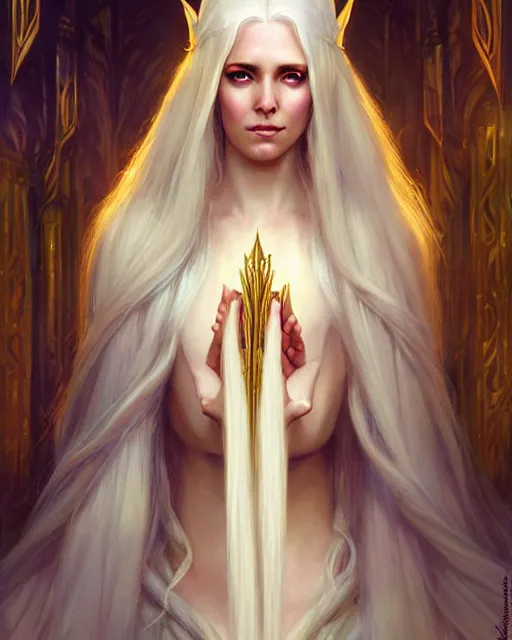 Image similar to tall elven queen sitting on the throne, full body, long white hair, pale skin, golden eyes | | realistic shaded, fine details, fine - face, realistic shaded lighting poster by greg rutkowski, magali villeneuve, artgerm, jeremy lipkin, michael garmash, rob rey