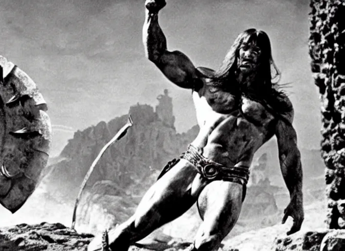 Image similar to still of muscular gigachad in conan the barbarian directed by frank frazetta, high resolution