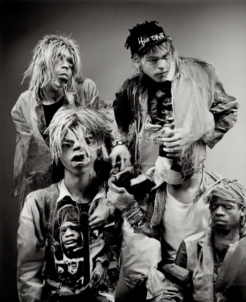 Image similar to basquiat with kurt cobain photographed by annie leibovitz in a hi end photo studio, color, photorealistic,