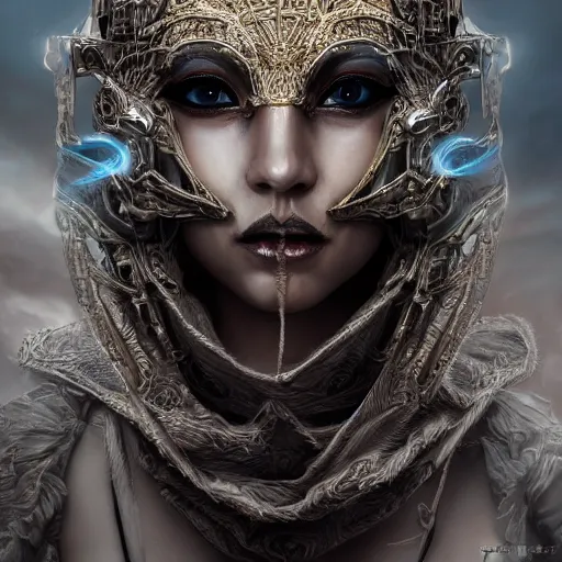 Image similar to Very very very very highly detailed epic photo of face with venetian mask, intricate, dystopian, sci-fi, extremely detailed, digital painting, artstation, concept art, smooth, sharp focus, illustration, intimidating lighting, incredible art by Artgerm