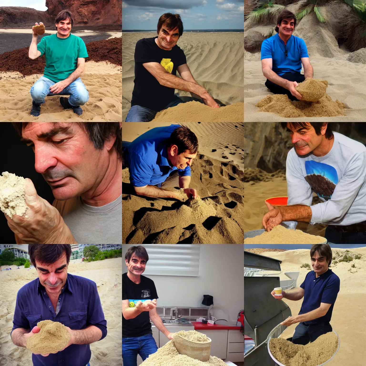 Prompt: David Braben eating handfuls of sand, gross.