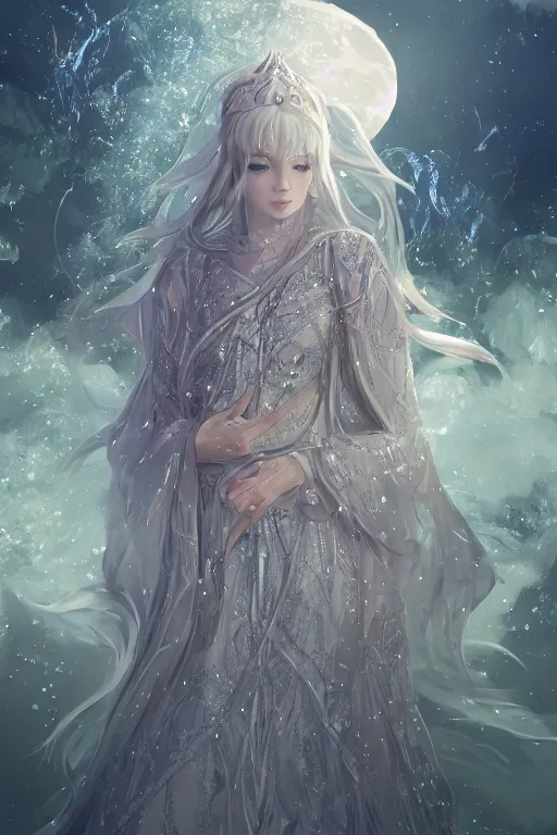 Image similar to a moon wizard dressed in intricate silver clothing surrounded by water particles above a serene pond, fantasy, wlop, trending on artstation, deviantart, anime key visual, official media, professional art, 8 k uhd