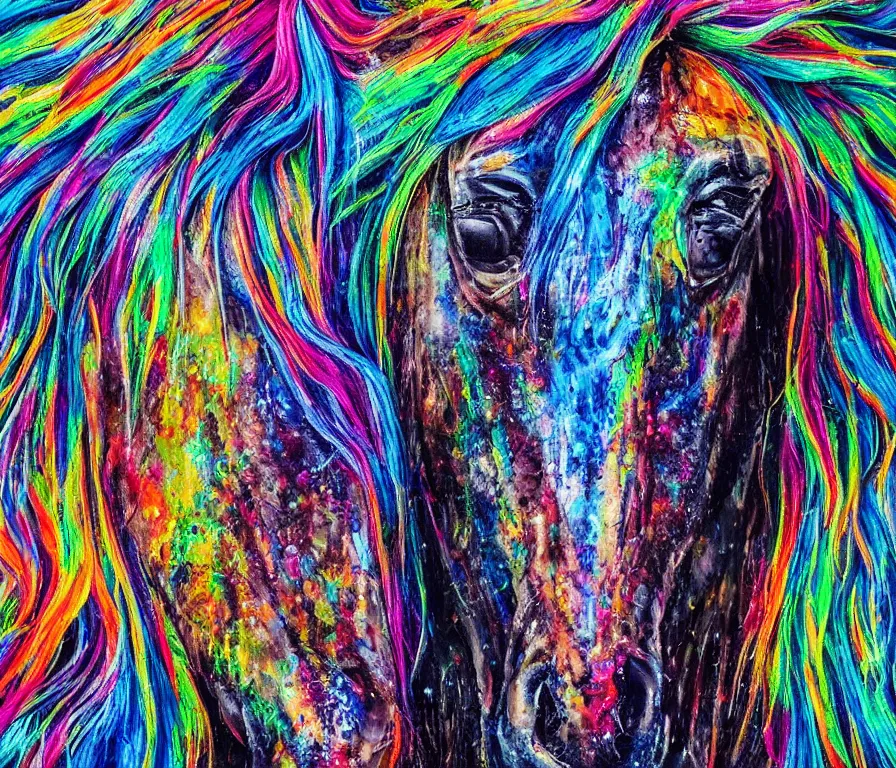 Image similar to still shot close up footage of the portrait of a horse head made of acrylic pour and coloured powder explosion and splashing paint and dripping paint and flying paint chunks, motion blur, hyperrealistic, medical, intricate art photography, anatomically correct, realistic crisp textures, 1 6 k