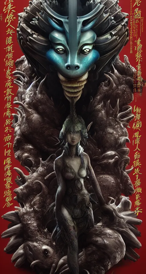 Image similar to exquisite imaginative creature beast from chinese mythology, sharp, ghost in the shell, slender and densely arranged teeth, poster art, movie art, elegant, by lucusfilm, weta studio and james jean, 8 k, denoised