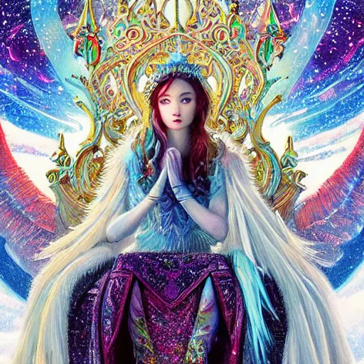 Prompt: A beautiful ice princess sitting on her throne, very colourful, highly detailed, artstation, intricate, smooth, sharp focus, bright, happy, illustration, art by Greg Rutkowski and Yuumei, good clear quality, lighting, biology, symmetrical artwork, perfect face, 135 mm, cinematic, hyper realism, glittering ice, dark, moonlight, high detail, octane render, 8k, crimson highlights