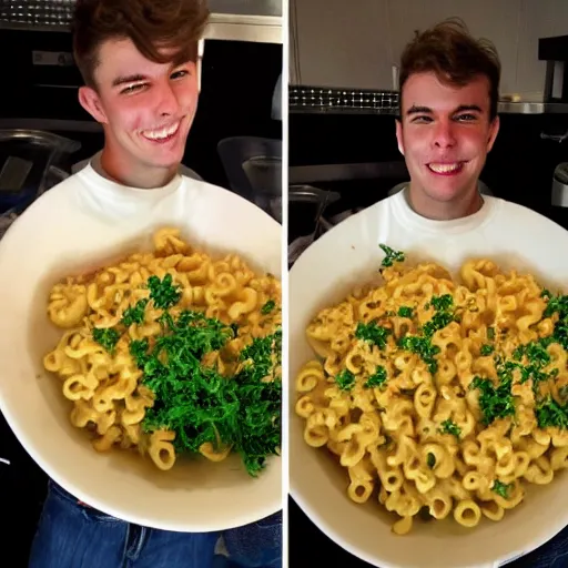 Prompt: mac and cheese retrospective portrait of a young dude 2 9 years old, with parsley