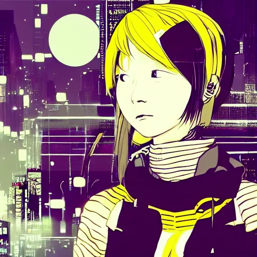 Image similar to Frequency indie album cover, luxury advertisement, yellow filter, white and gray colors. Clean and detailed post-cyberpunk sci-fi close-up schoolgirl in asian city in style of cytus and deemo, blue flame, relaxing, calm and mysterious vibes, by Tsutomu Nihei, by Yoshitoshi ABe, by Ilya Kuvshinov, by Greg Tocchini, nier:automata, set in half-life 2, Matrix, GITS, Blade Runner, Neotokyo Source, Syndicate(2012), dynamic composition, beautiful with eerie vibes, very inspirational, very stylish, with gradients, surrealistic, dystopia, postapocalyptic vibes, depth of field, mist, rich cinematic atmosphere, perfect digital art, mystical journey in strange world, beautiful dramatic dark moody tones and studio lighting, shadows, bastion game, arthouse