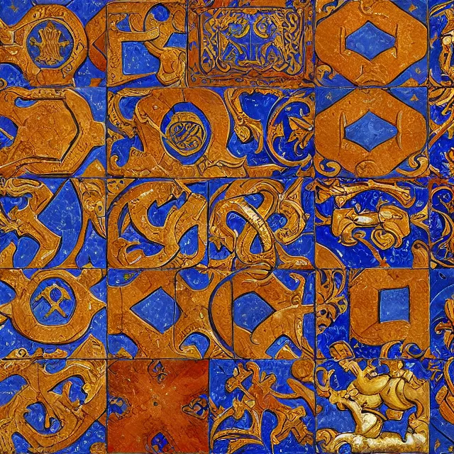 Prompt: a digital painting of medieval floor tiles with heraldic images by justin gerard, paul bonner, highly detailed, digital art, artstation hd