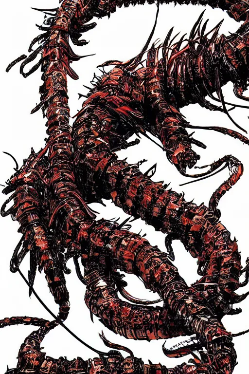 Prompt: a flaming centipede by yoji shinkawa and tsutomu nihei, detailed art, highly detailed