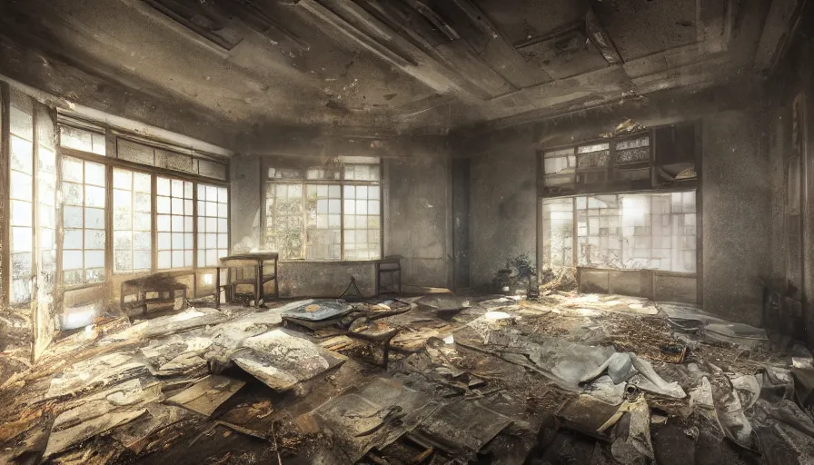 Image similar to abandoned 1 8 0 0's japanes kitchen covered by dust and cobwebs, windows covered by dust and cobwebs, pan and plates, dust floor, flying dust particles, lights through windows, hyperdetailed, artstation, cgsociety, 8 k