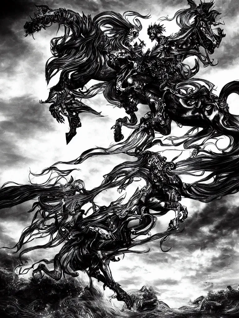 Prompt: black and white detailled illustration of death riding a pale horse over a wasteland in the style of yoshitaka amano