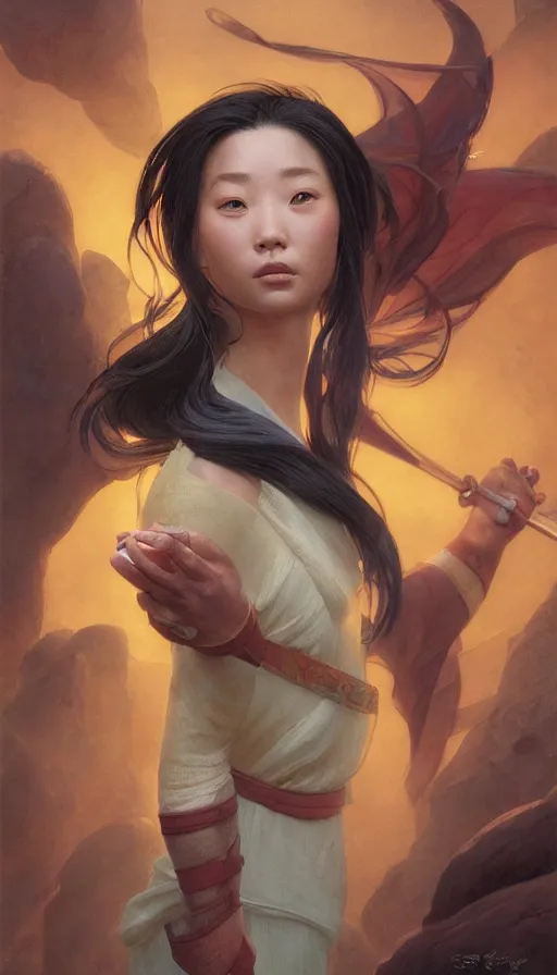 Image similar to epic masterpiece mulan, drama, sweaty skin, hyperrealistic, octane render, cinematic, beautiful face and flawless skin, perfect hands, 5 fingers, yellow by Edgar Maxence and Ross Tran and Michael Whelan and Lorenzo Sperlonga, Brom, Legends of Runeterra