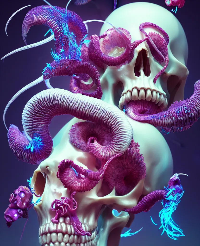 Prompt: goddess close - up portrait human skull, ram skull, squid phoenix jellyfish, orchid, betta fish, bioluminiscent, intricate artwork by tooth wu and wlop and beeple. octane render, trending on artstation, greg rutkowski very coherent symmetrical artwork. cinematic, hyper realism, high detail, octane render, 8 k