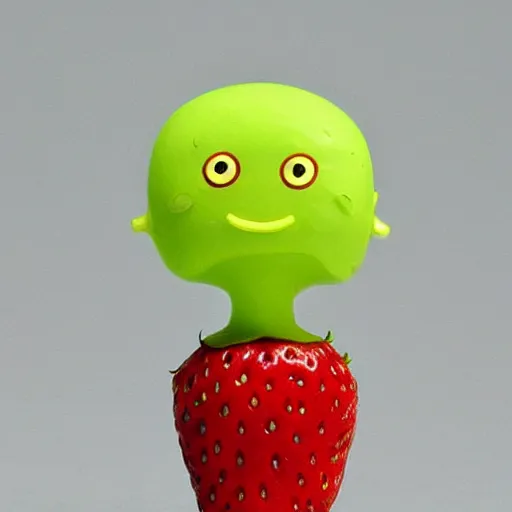 Prompt: a cute strawberry with two front teeth, holding a yellow toothbrush, in the style of chiho aoshima