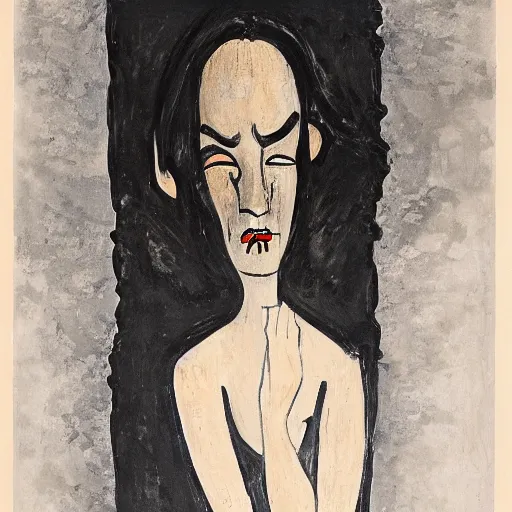 Prompt: this conceptual art was painted in 1 9 3 7 during the guerra civil espanola. the woman in the conceptual art is weeping for her dead husband. she is wearing a black dress and a black veil. her face is distorted by grief. the conceptual art is dark and somber. opalescent by ludwig mies van der rohe, by takeshi obata brash
