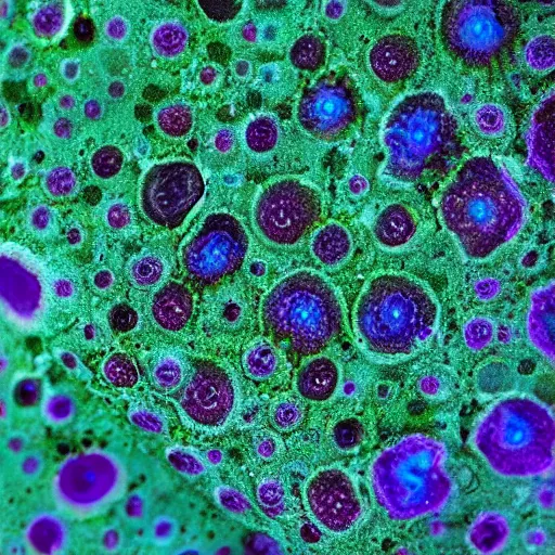 Image similar to a unique alien creepy fungal growth that covers entire landscapes with iridescent globs that have holes in them