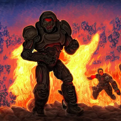 Image similar to doom guy fighting george w bush in hell, digital art