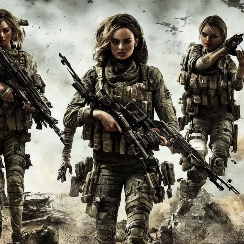 Image similar to ana de armas and margot robbie as a Call of Duty Modern warfare character highly detailed war torn environment epic pose