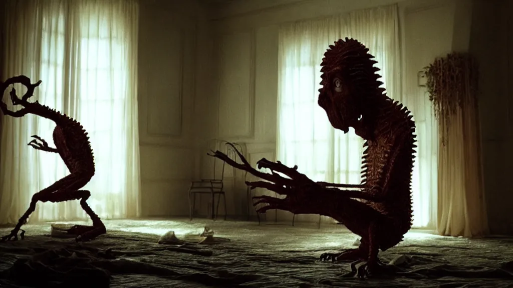 Image similar to the creature on the house in the house, film still from the movie directed by denis villeneuve and david cronenberg, with art direction by salvador dali, wide lens