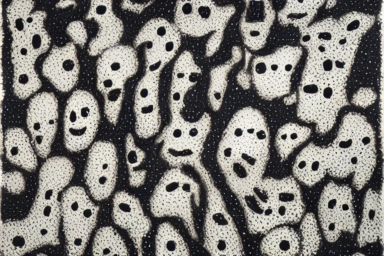 Image similar to teeth, smile, faceless people, black figures, dark, acrylic, clay, dots abstract, dripping, stipple, pointillism, technical, abstract, minimal, style of francis bacon, asymmetry, pulled apart, stretch, cloak, eerie, made of dots, abstraction chemicals, blotter, mask, colored dots, splotch, old painting style