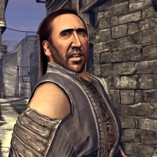 Prompt: screenshot of nicolas cage in the market district of imperial city, from elder scrolls