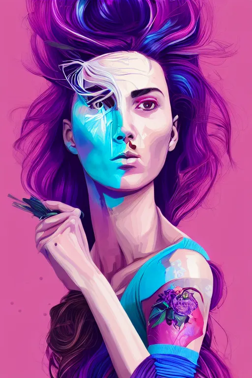 Image similar to a award winning half body portrait of a beautiful woman in a winter sweater with ombre purple pink blue hairstyle with head in motion and hair flying by sandra chevrier, outrun, vaporware, illustration, digital art, trending on artstation, highly detailed, fine detail, intricate