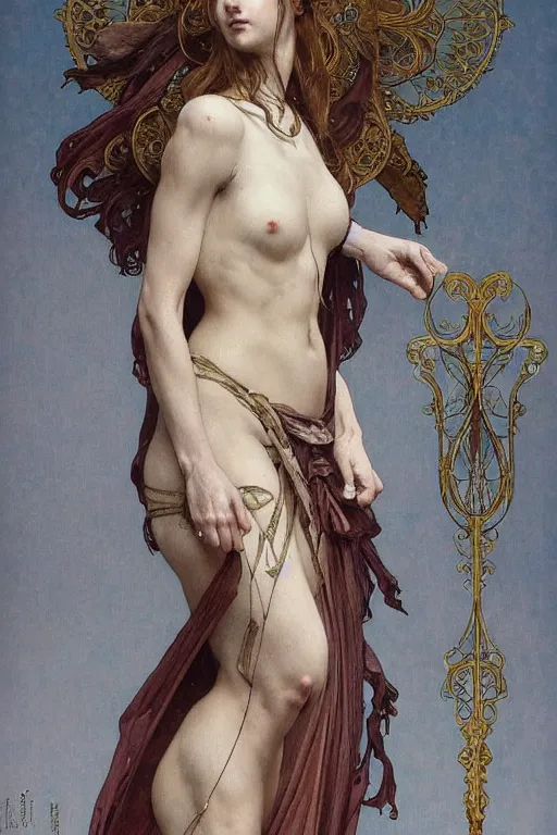 Image similar to a full body portrait of a beautiful ethereal delicate roman mage queen meditative sacral pose catholic stages of the cross, intricate, elegant, highly detailed, digital painting, artstation, concept art, smooth, sharp focus, illustration, art by krenz cushart and artem demura and alphonse mucha