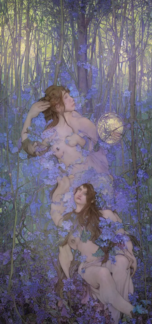 Prompt: painterly dreamy Kupala Night in the blue night forest with trees which have eyes, giant flowers, glowing owls, deers, beautiful women, lianas, thistles, giant fantasy creatures, a stream and sky with moon and stars by Alphonse Mucha, dark fantasy, very detailed oil painting in the alla prima style, volumetric lighting, masterpiece, 8k
