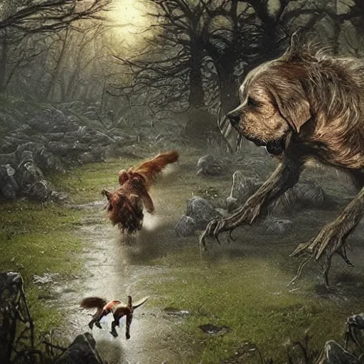 Prompt: Dogs running away from a Moss Monster. The Moss is in the shape of a Dimly lit grimy muddy Beast by Greg Rutkowski and Thomas Kinkade