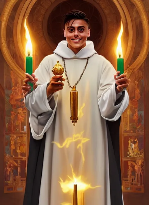 Image similar to paulo dybala as a priest wearing robes. holding golden candlestick, in a monestry natural lighting, path traced, highly detailed, high quality, digital painting, by don bluth and ross tran and studio ghibli and alphonse mucha, artgerm