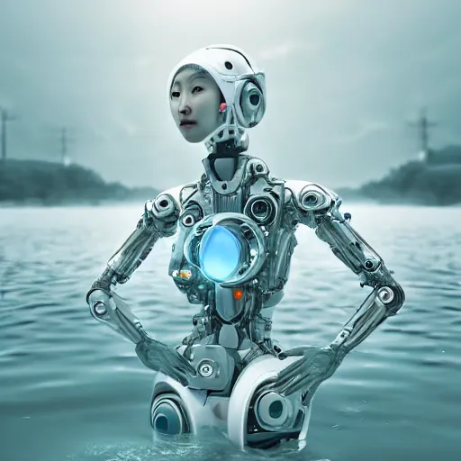 Image similar to beautiful centered Fine art photo portrait of HoYeon Jung as a solarpunk robotic humanoid treading on water, white mechanical parts with led lights, photorealistic, white background, highly detailed and intricate, sun lighting, HDR 8k