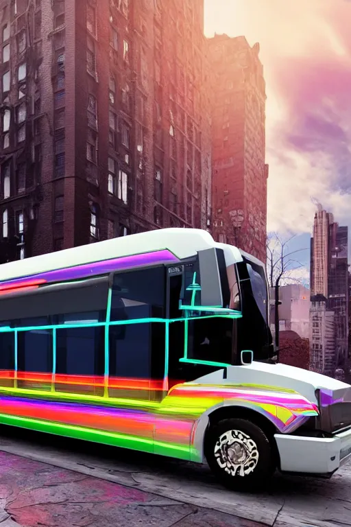 Prompt: photo of a futuristic nightliner tourbus outside in new york at night, printed band name on the nightliner is tripmachine, realistic digital art, textured with a 3 d render of a huge futuristic steampunk generator, 8 k, fluorescent colors, halluzinogenic, multicolored, exaggerated detailed, unreal engine