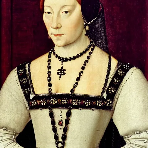Prompt: the ripped abs of gorgeous anne boleyn, painting by hans holbein