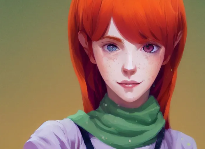 Image similar to portrait of a beautiful smiling girl with orange hair and freckles, green eyes, highly detailed, digital painting, concept art, smooth, sharp, focus, illustration. background is purple, anime key visual, lois van baarle, ilya kuvshinov, rossdraws, artstation