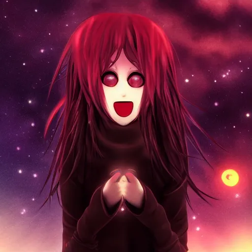 Image similar to gothic scream anime girl, night time, fire flies, epic, surreal atmosphere, nebula, award winning, 8 k, extremely detailed,