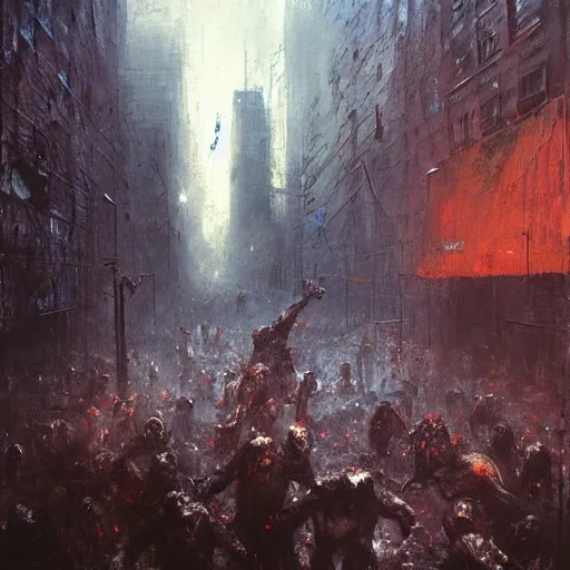 Prompt: horde of zombies in downtown new york, highly detailed painting by jeremy mann and beksinski