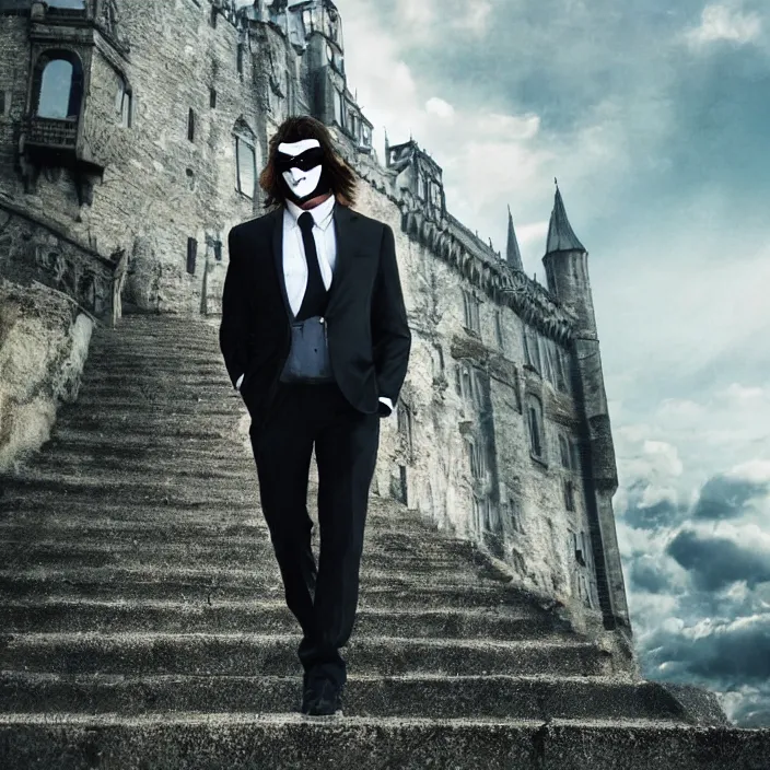 Image similar to cinematic movie, background is castle and steps, with a man wearing a silver melt mask, silver wavy long hair, black suit, 4 k