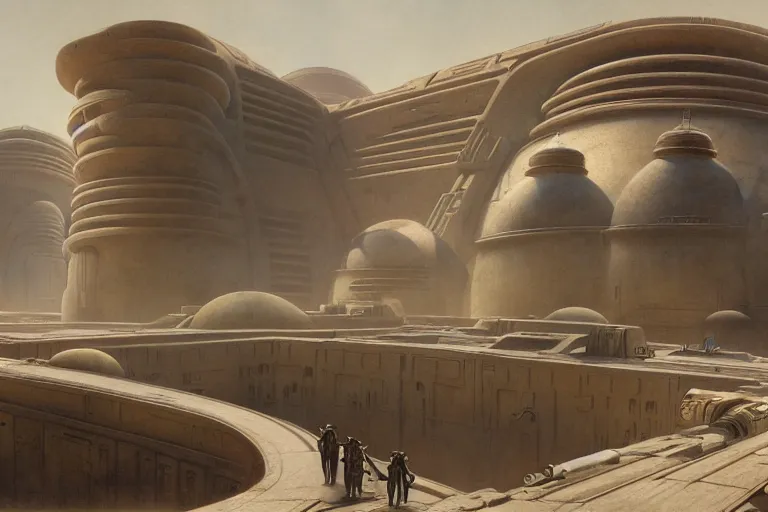 Prompt: matte painting of mos eisley, set design by hr giger, global illumination, volumetric lighting, tom bagshaw, alphonse mucha