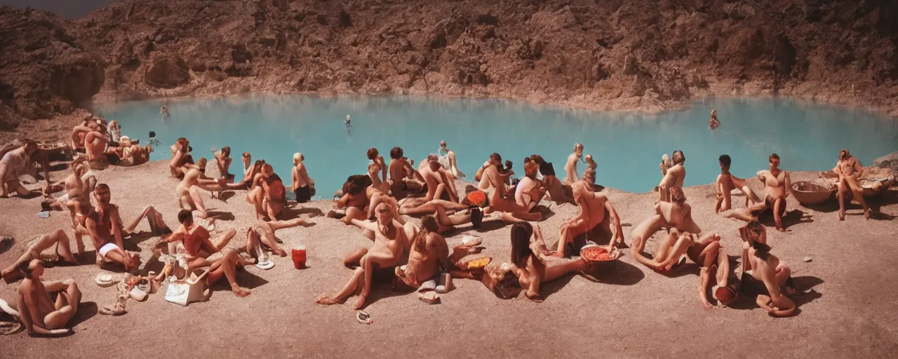 Image similar to people at a natural hot springs of with spaghetti, desert, sunset, kodachrome, in the style of wes anderson