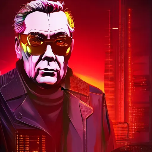 Image similar to cyberpunk leonid brezhnev as the leader of a futuristic communist nation, cybernetics, sharp lines, digital, artstation, colored in