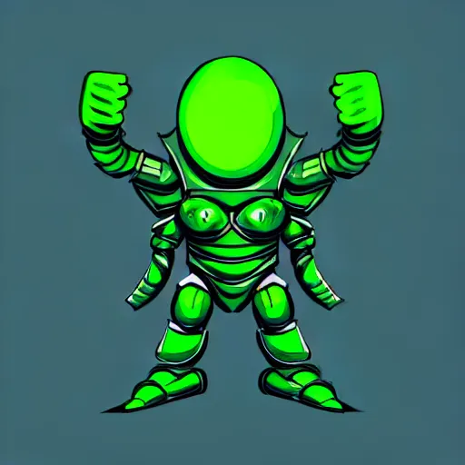 Image similar to a picture of a giant armour green man with his fist up in the alien land, vector art by mor than, low angle, trending on deviantart, mingei, flat shading, prerendered graphics, marvel comics, unreal engine 5