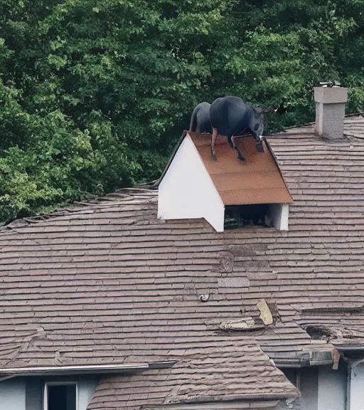 Image similar to low quality photo of a horse on the roof of a house