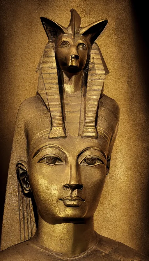 Image similar to a portrait of a statue of the Egyptian god Anubis wearing a gold-rimmed toga. Dark cavern is in the background. In the style of Lee Jeffries